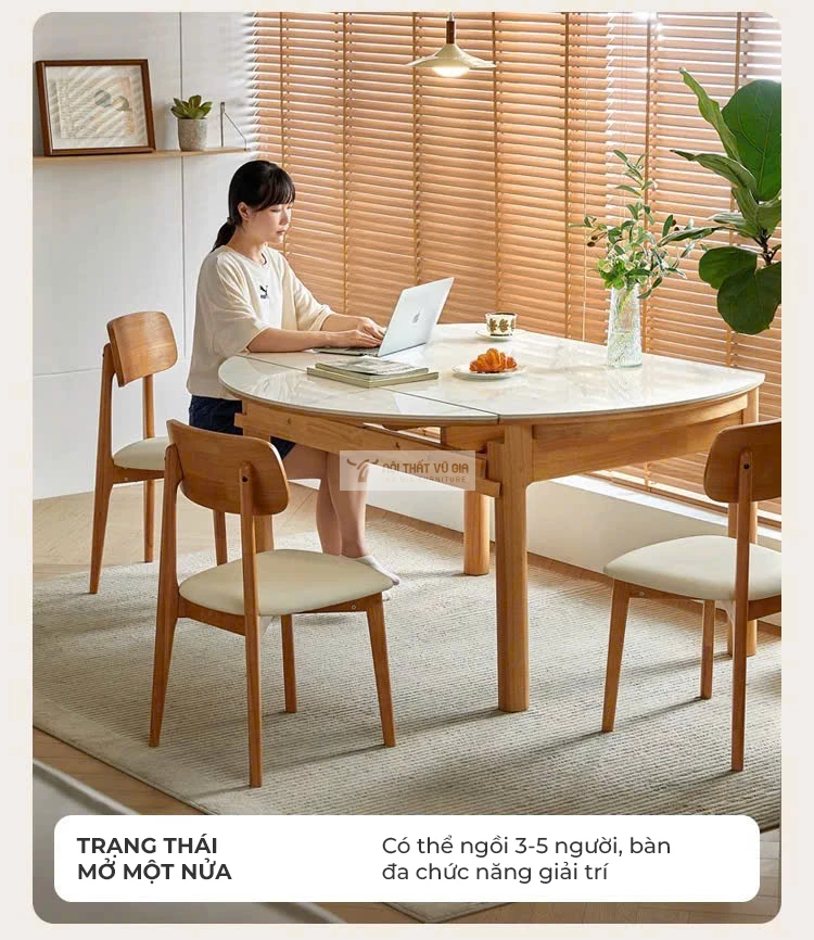 trạng thái mở rộng một nửa của Bàn ăn thông minh gỗ tự nhiên cao cấp KC85
