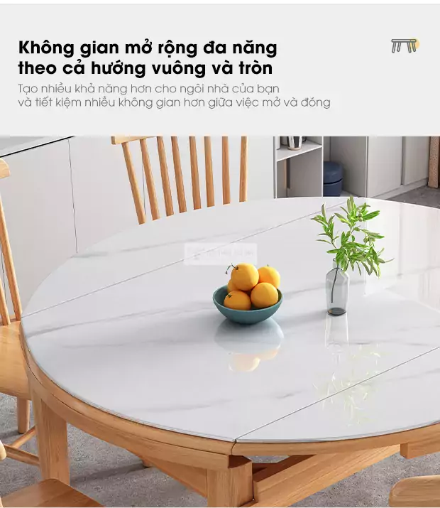 thiết kế mở rộng đa năng của Bàn ăn thông minh gỗ tự nhiên, mặt bàn vân đá sang trọng KC22