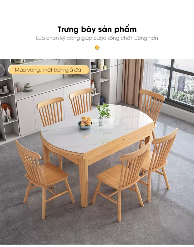 Bàn ăn thông minh gỗ tự nhiên, mặt bàn vân đá sang trọng KC22