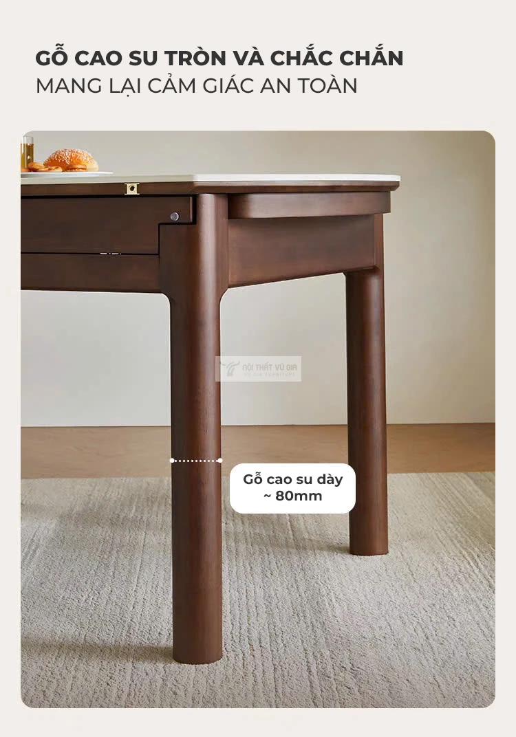 Bàn ăn thông minh gỗ tự nhiên  màu nâu sang trọng KC84 sử dụng chân bàn gỗ cao su chắc chắn