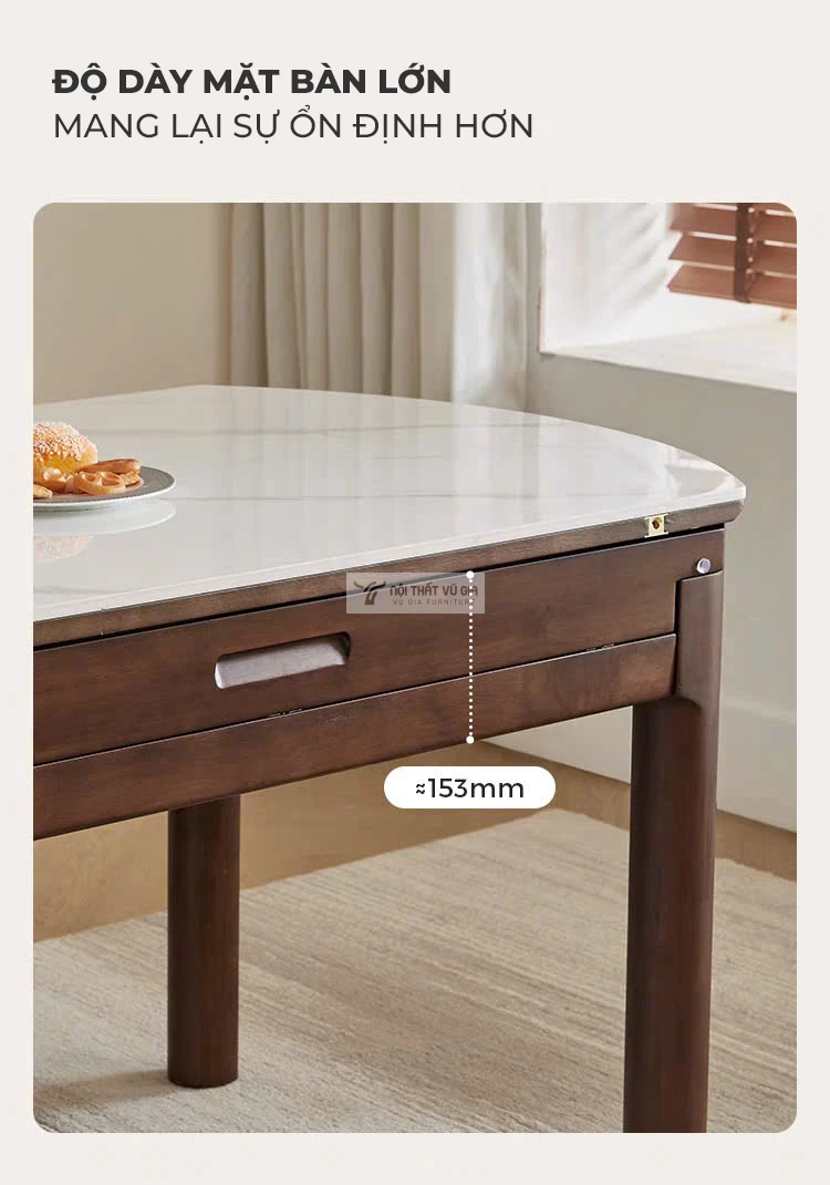 thiết kế mặt bàn dày dặn chắc chắn của Bàn ăn thông minh gỗ tự nhiên  màu nâu sang trọng KC84