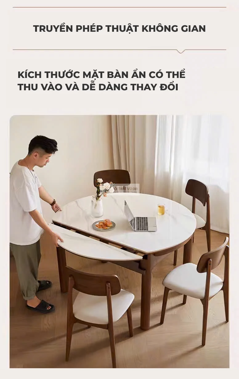 dễ dàng tăng không gian sử dụng với Bàn ăn thông minh gỗ tự nhiên  màu nâu sang trọng KC84