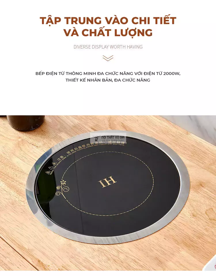 B&agrave;n ăn th&ocirc;ng minh gỗ tự nhi&ecirc;n t&iacute;ch hợp bếp từ hiện đại KC02-GTN sử dụng mặt bếp cao cấp