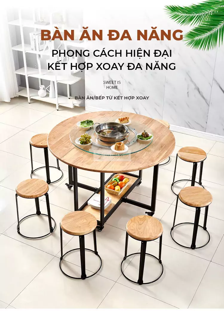 B&agrave;n ăn th&ocirc;ng minh gỗ tự nhi&ecirc;n t&iacute;ch hợp bếp từ hiện đại KC02-GTN