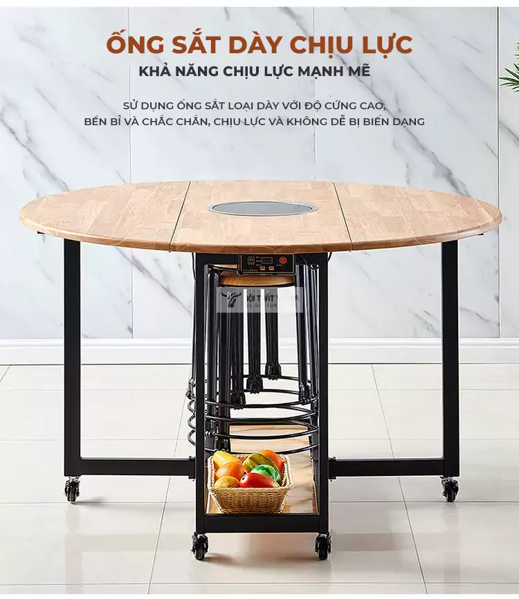 B&agrave;n ăn th&ocirc;ng minh gỗ tự nhi&ecirc;n t&iacute;ch hợp bếp từ hiện đại KC02-GTN sử dụng khung d&agrave;y, chắc chắn