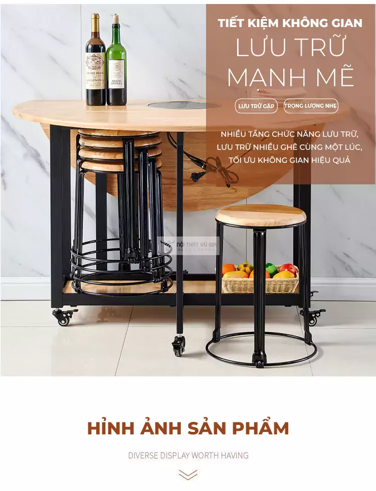 thiết kế lưu trữ thuận tiện của B&agrave;n ăn th&ocirc;ng minh gỗ tự nhi&ecirc;n t&iacute;ch hợp bếp từ hiện đại KC02-GTN