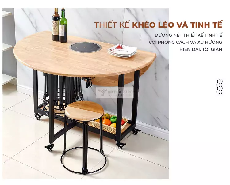 thiết kế tinh tế của B&agrave;n ăn th&ocirc;ng minh gỗ tự nhi&ecirc;n t&iacute;ch hợp bếp từ hiện đại KC02-GTN