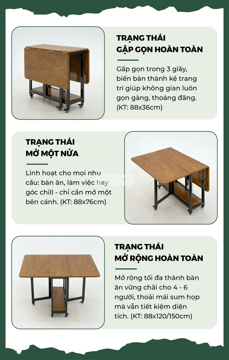 các trạng thái sử dụng của Bàn ăn thông minh gỗ tự nhiên Vũ Gia thiết kế hiện đại, linh hoạt KC87