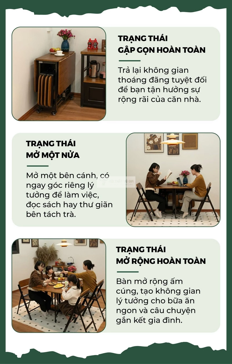 các trạng thái sử dụng của Bàn ăn thông minh gỗ tự nhiên Vũ Gia thiết kế hiện đại, linh hoạt KC87