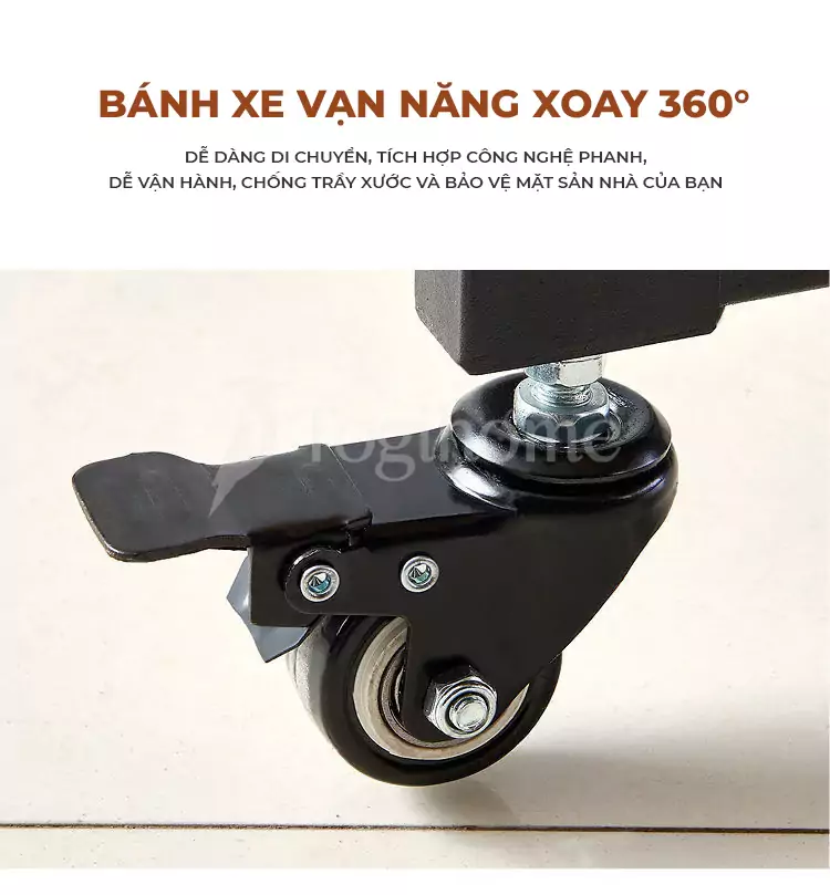 bàn ăn thông minh TOGIHOME BA38 sử dụng bánh xe xoay 360 độ, tích hợp khóa hãm