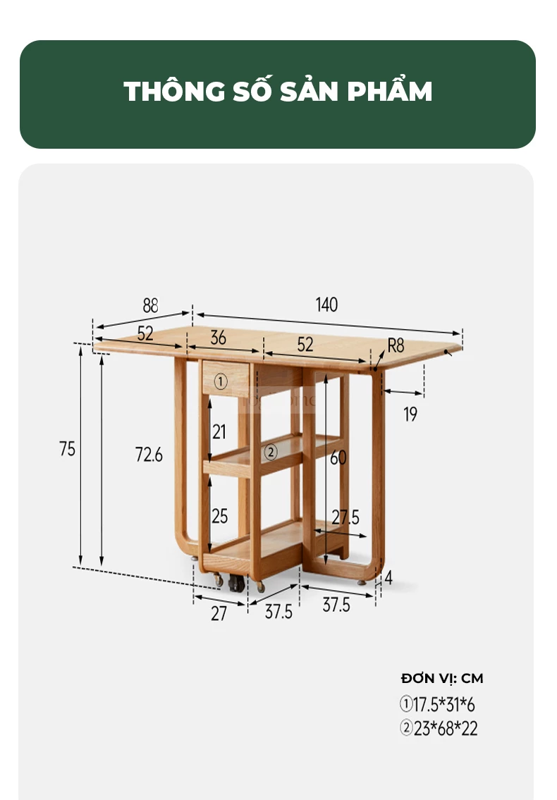 k&iacute;ch thước chi tiết của B&agrave;n ăn th&ocirc;ng minh mặt gỗ tự nhi&ecirc;n phong c&aacute;ch tối giản BA78