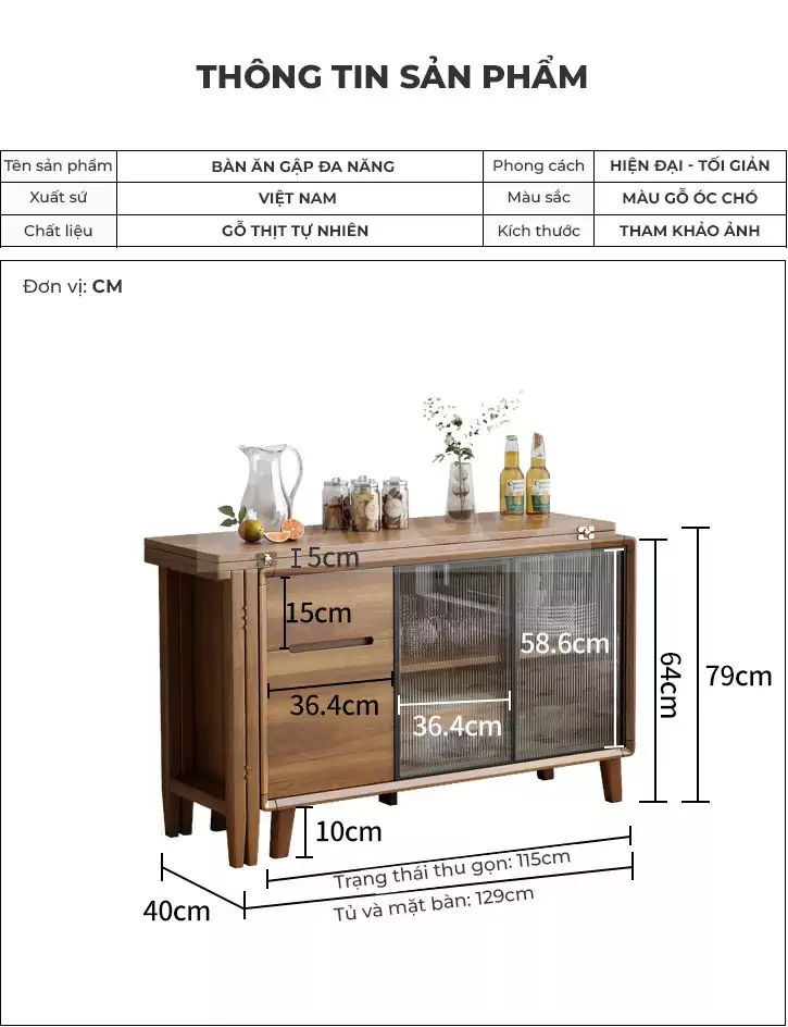 Bàn Ăn Tích Hợp Tủ Đa Năng Gỗ Tự Nhiên Haigo BA088