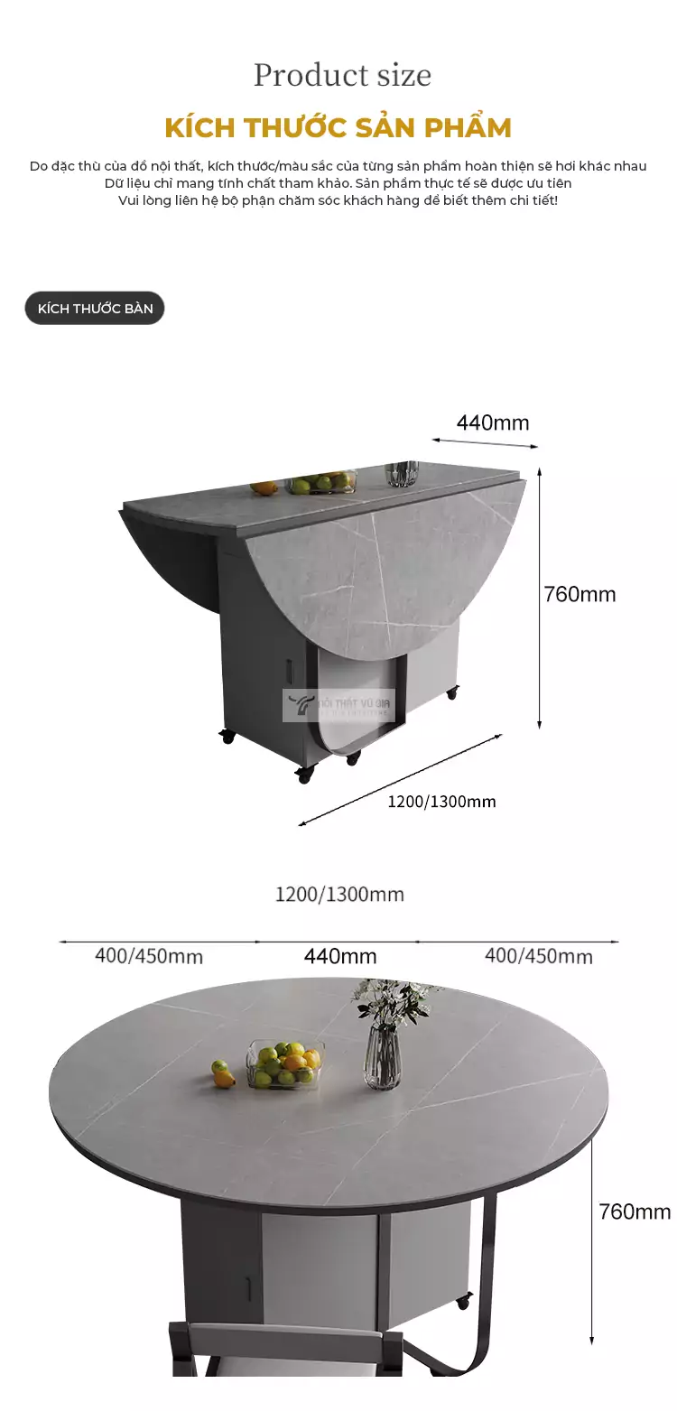 kích thước chi tiết của Bàn ăn tròn thông minh thiết kế linh hoạt KC07 màu xám