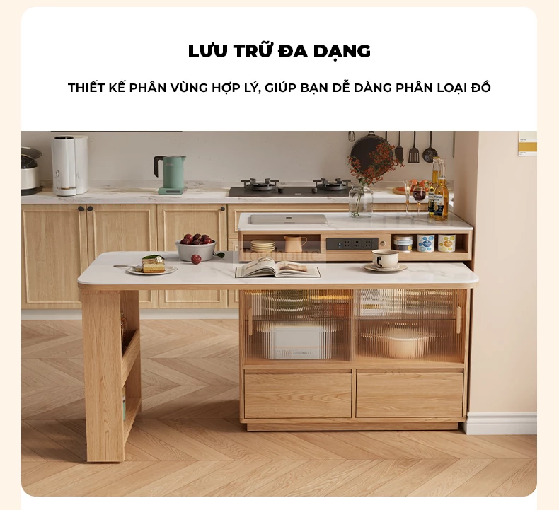 Bàn Đảo Bàn Ăn Thông Minh Nhiều Chế Độ Togismart BA213 thiết kế hiện đại, đa năng, vừa làm bàn đảo bếp vừa sử dụng như bàn ăn tiện lợi. Chất liệu gỗ tự nhiên bền chắc kết hợp mặt đá sang trọng, linh hoạt thay đổi chế độ sử dụng, tối ưu không gian và nâng tầm thẩm mỹ cho ngôi nhà.