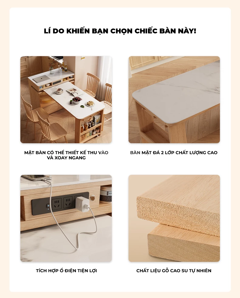 Bàn Đảo Bàn Ăn Thông Minh Nhiều Chế Độ Togismart BA213 thiết kế hiện đại, đa năng, vừa làm bàn đảo bếp vừa sử dụng như bàn ăn tiện lợi. Chất liệu gỗ tự nhiên bền chắc kết hợp mặt đá sang trọng, linh hoạt thay đổi chế độ sử dụng, tối ưu không gian và nâng tầm thẩm mỹ cho ngôi nhà.