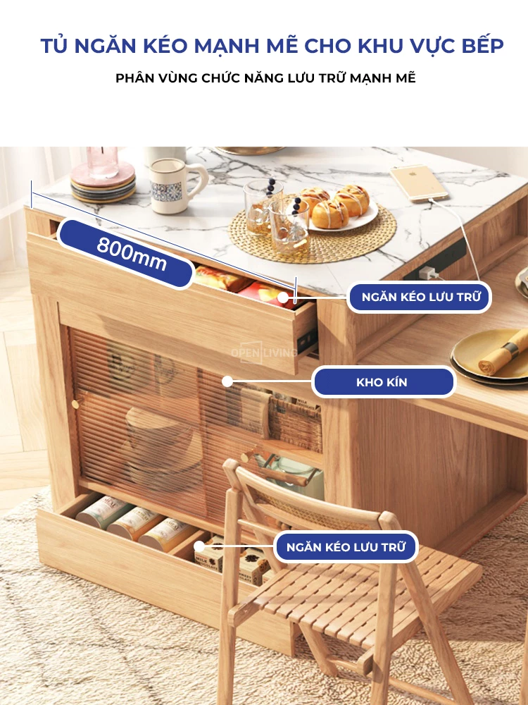 Bàn đảo bếp kết hợp bàn ăn thông minh Openliving OBD 002 – Giải pháp tối ưu cho không gian bếp nhỏ. Thiết kế đa năng, gấp gọn linh hoạt, tích hợp ngăn chứa tiện dụng. Chất liệu bền đẹp, phù hợp căn hộ hiện đại. Mua ngay bàn đảo bếp thông minh, tiết kiệm diện tích!