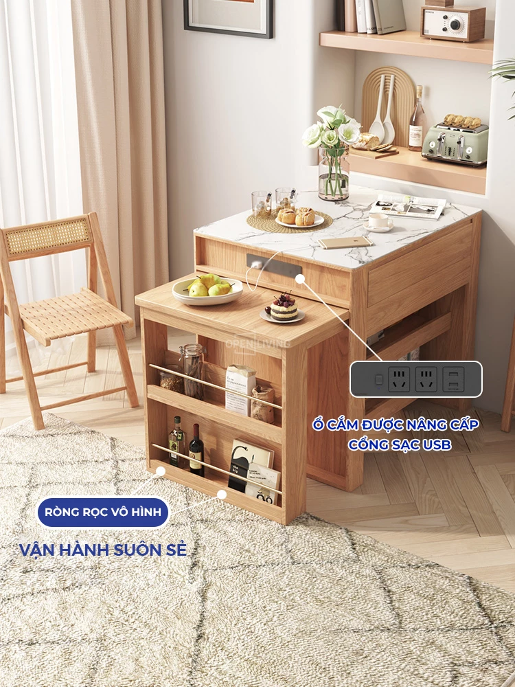 Bàn đảo bếp kết hợp bàn ăn thông minh Openliving OBD 002 – Giải pháp tối ưu cho không gian bếp nhỏ. Thiết kế đa năng, gấp gọn linh hoạt, tích hợp ngăn chứa tiện dụng. Chất liệu bền đẹp, phù hợp căn hộ hiện đại. Mua ngay bàn đảo bếp thông minh, tiết kiệm diện tích!