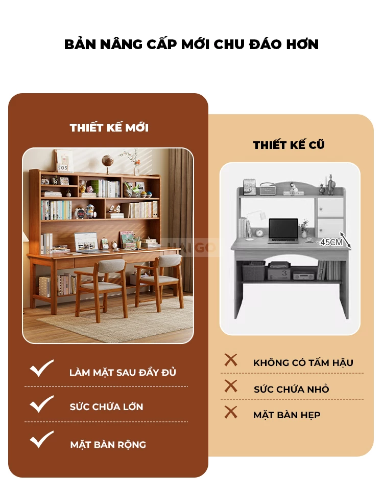Bàn Đôi Gỗ Tự Nhiên Kết Hợp Kệ Sách Đa Năng Haigo BGT365