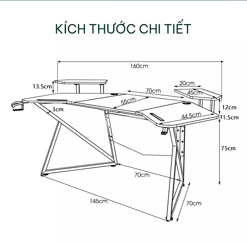 kích thước chi tiết của Bàn gaming hiện đại phong cách GT08