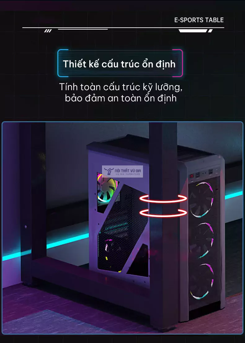 Bàn gaming phong cách tối giản GT01 sử dụng chân to chắc chắn, chịu tải tốt
