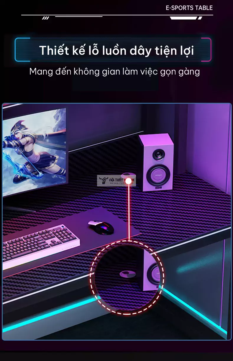 thiết kế lỗ luồn dây tiện lợi của Bàn gaming phong cách tối giản GT01