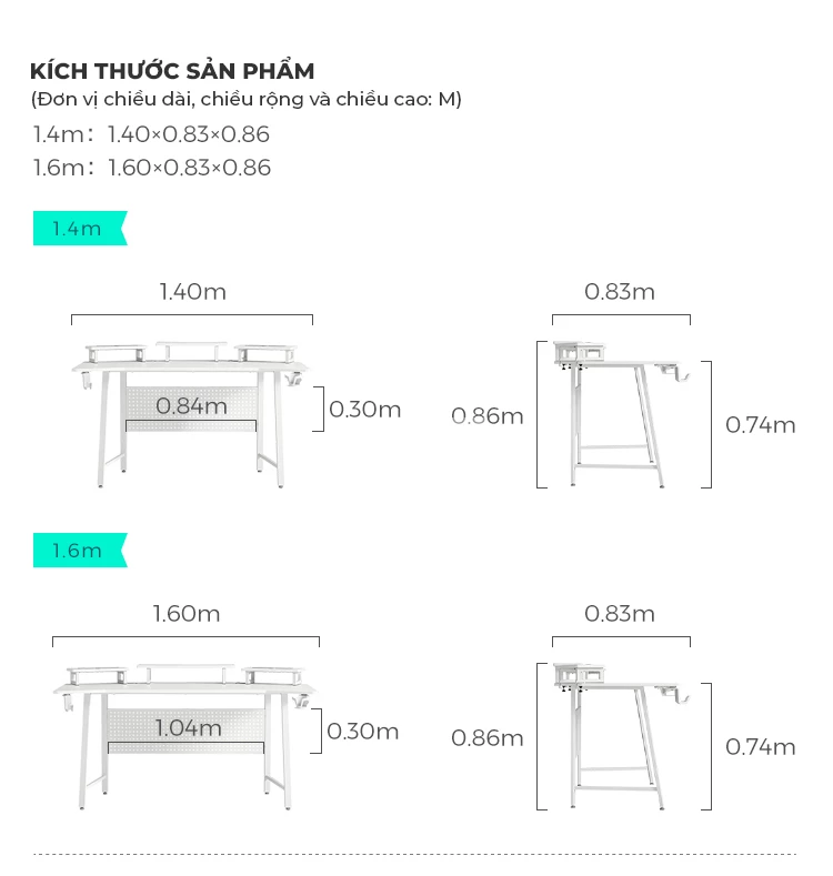 kích thước chi tiết của Bàn gaming thiết kế hiện đại, tối giản GT15