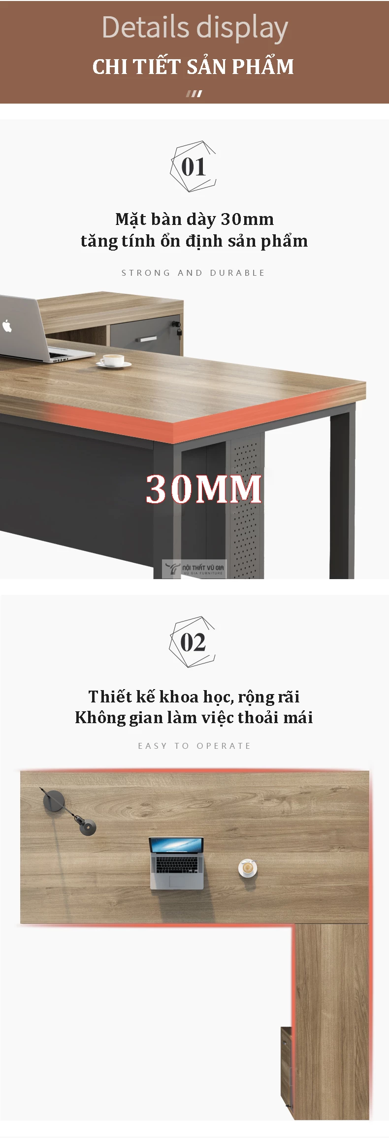 Bàn giám đốc kết hợp bàn phụ đa năng SD242 có mặt bàn dày dặn, chắc chắn