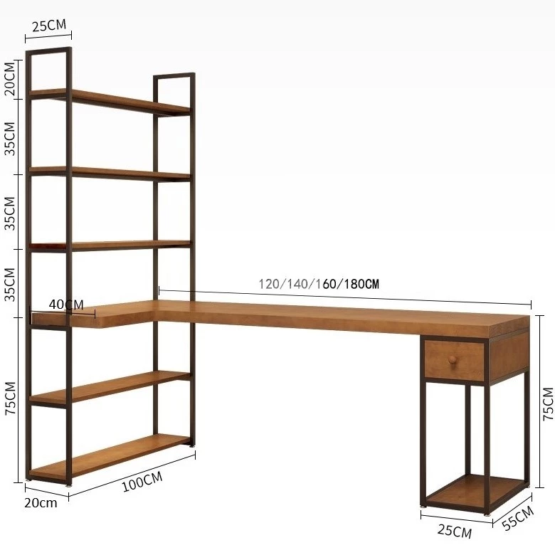 kích thước chi tiết của Bàn gỗ tự nhiên chữ L kết hợp kệ sách SD218