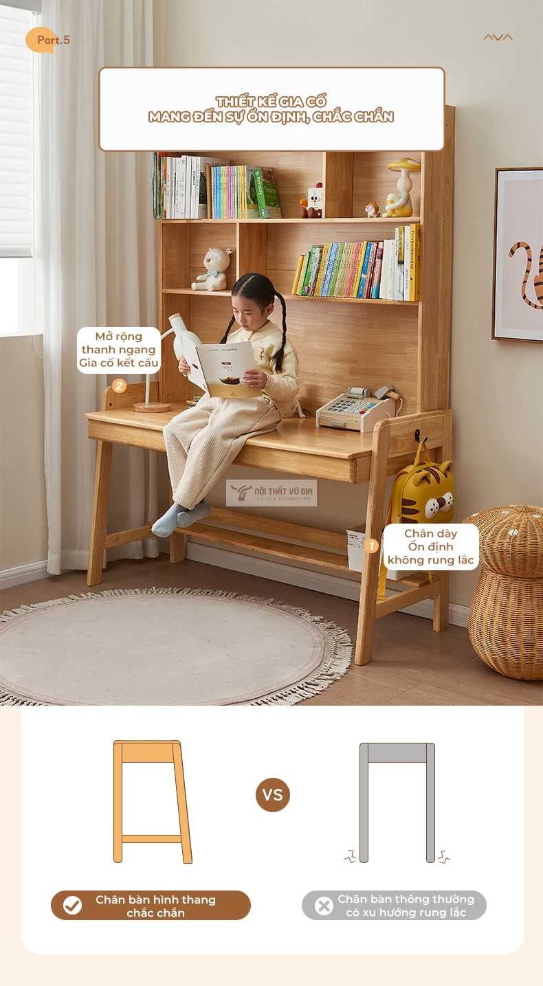 thiết kế kết cấu chắc chắn, gia cố ổn định của Bàn gỗ tự nhiên có giá sách phong cách hiện đại SD262