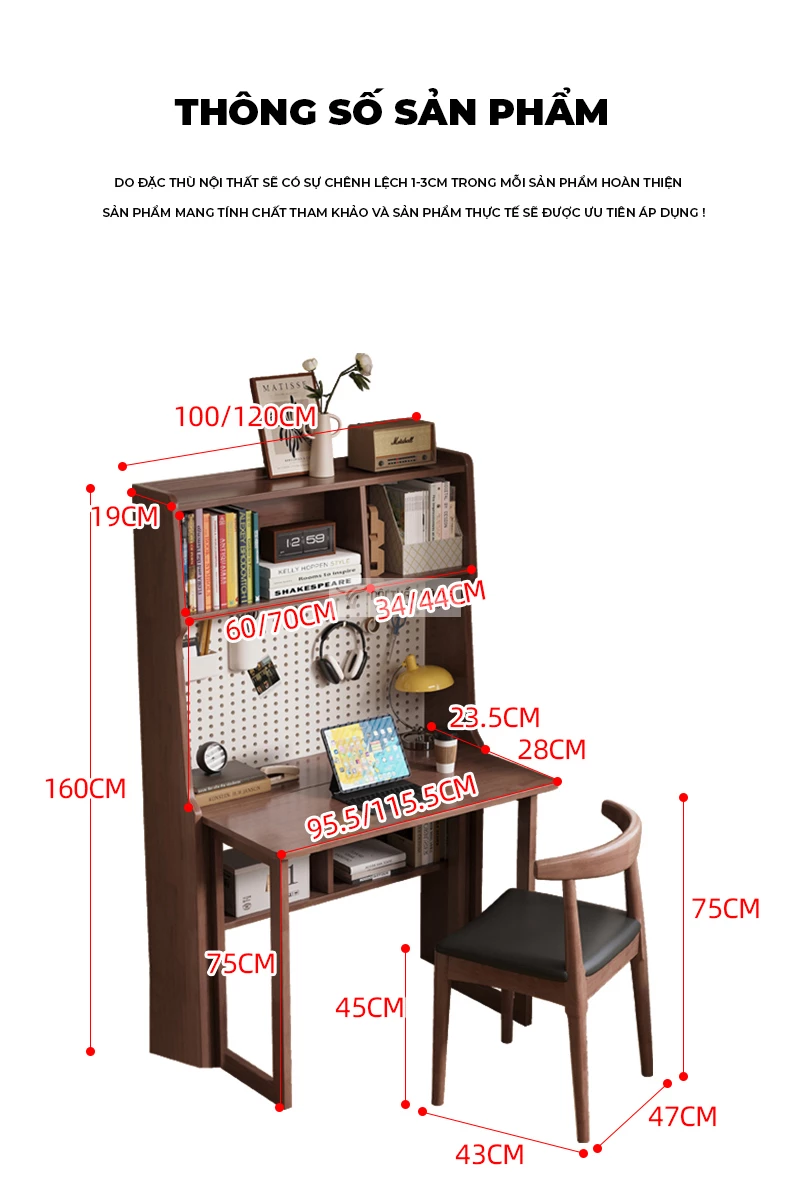 kích thước chi tiết của Bàn gỗ tự nhiên gấp gọn thông minh SD184