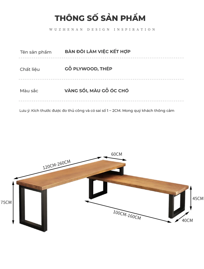 kích thước chi tiết của Bàn gỗ tự nhiên hiện đại, thiết kế linh hoạt SD202