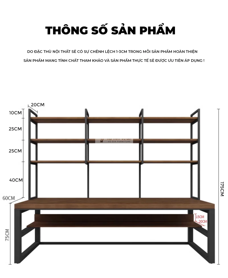 kích thước chi tiết của Bàn gỗ tự nhiên kết hợp giá sách đa tầng SD236