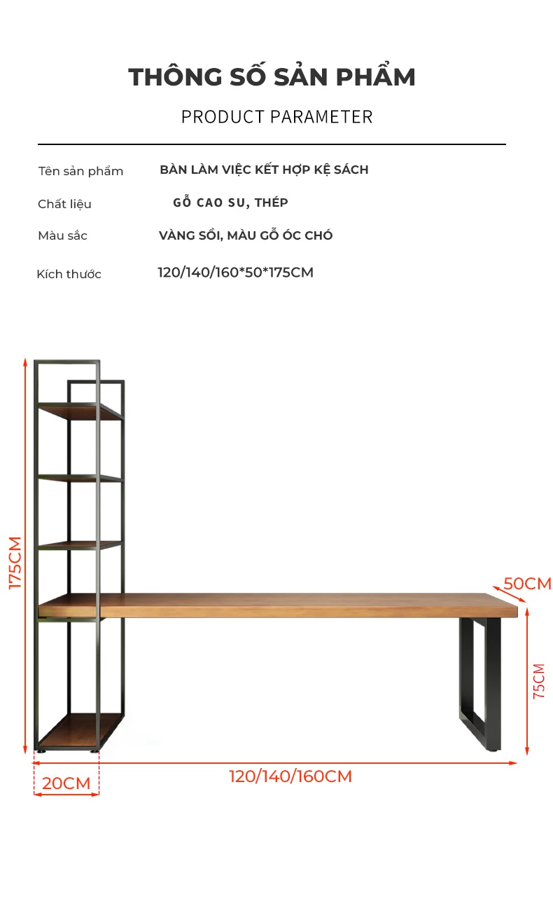 kích thước chi tiết của Bàn gỗ tự nhiên kết hợp giá sách tiện lợi SD20