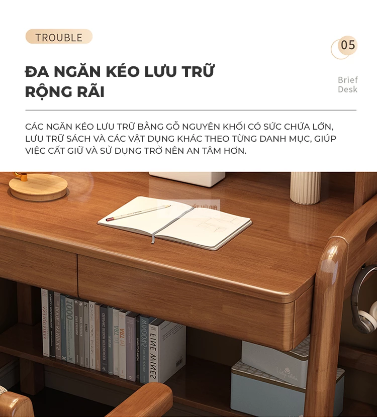 thiết kế ngăn kéo tiện lợi của Bàn gỗ tự nhiên kết hợp giá sách tối giản SD177