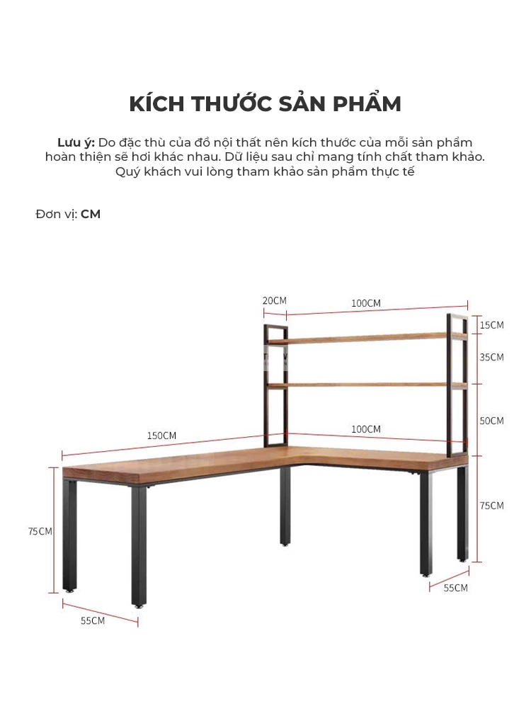 kích thước chi tiết của Bàn gỗ tự nhiên kết hợp kệ sách đa năng SD255