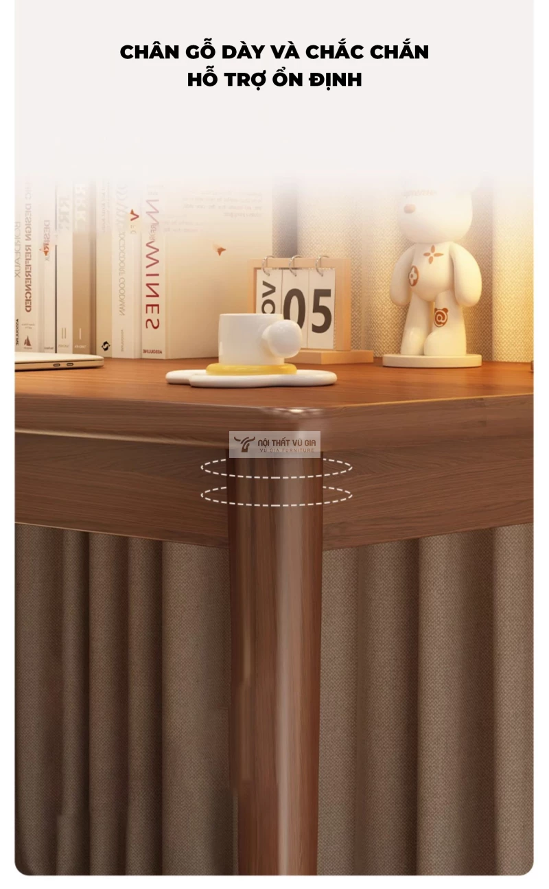 Bàn gỗ tự nhiên kết hợp kệ sách tối giản SD263 sử dụng chân bàn dày dặn, chắc chắn