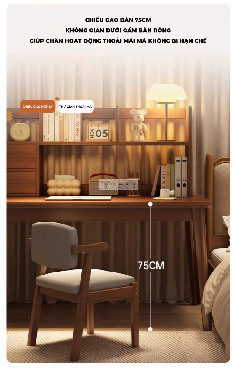 thiết kế chiều cao chuẩn khoa học của Bàn gỗ tự nhiên kết hợp kệ sách tối giản SD263