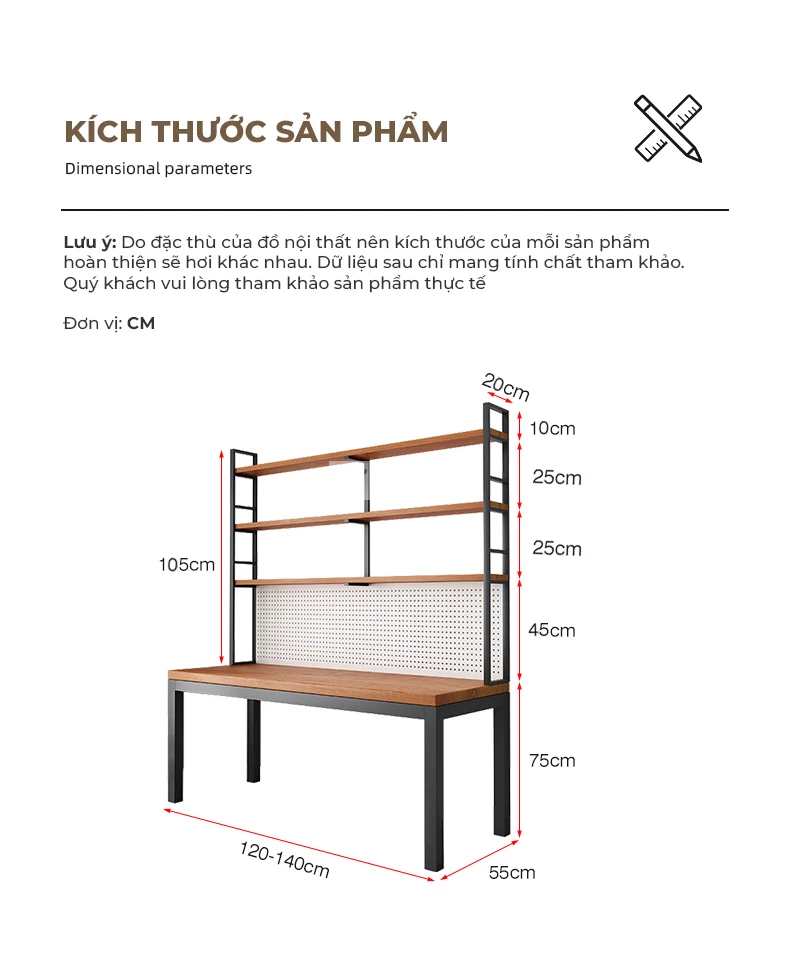 kích thước chi tiết của Bàn gỗ tự nhiên kết hợp khung kim loại chắc chắn SD257