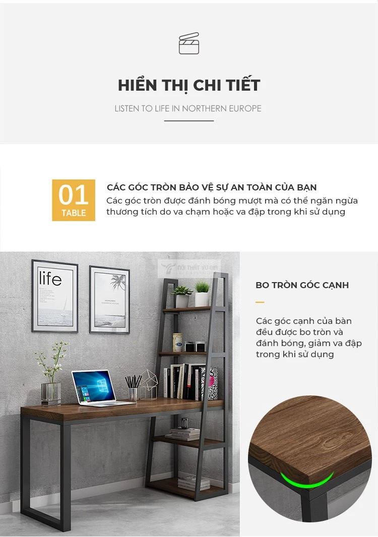 thiết kế bo góc an toàn của Bàn gỗ tự nhiên kết hợp khung kim loại SD198