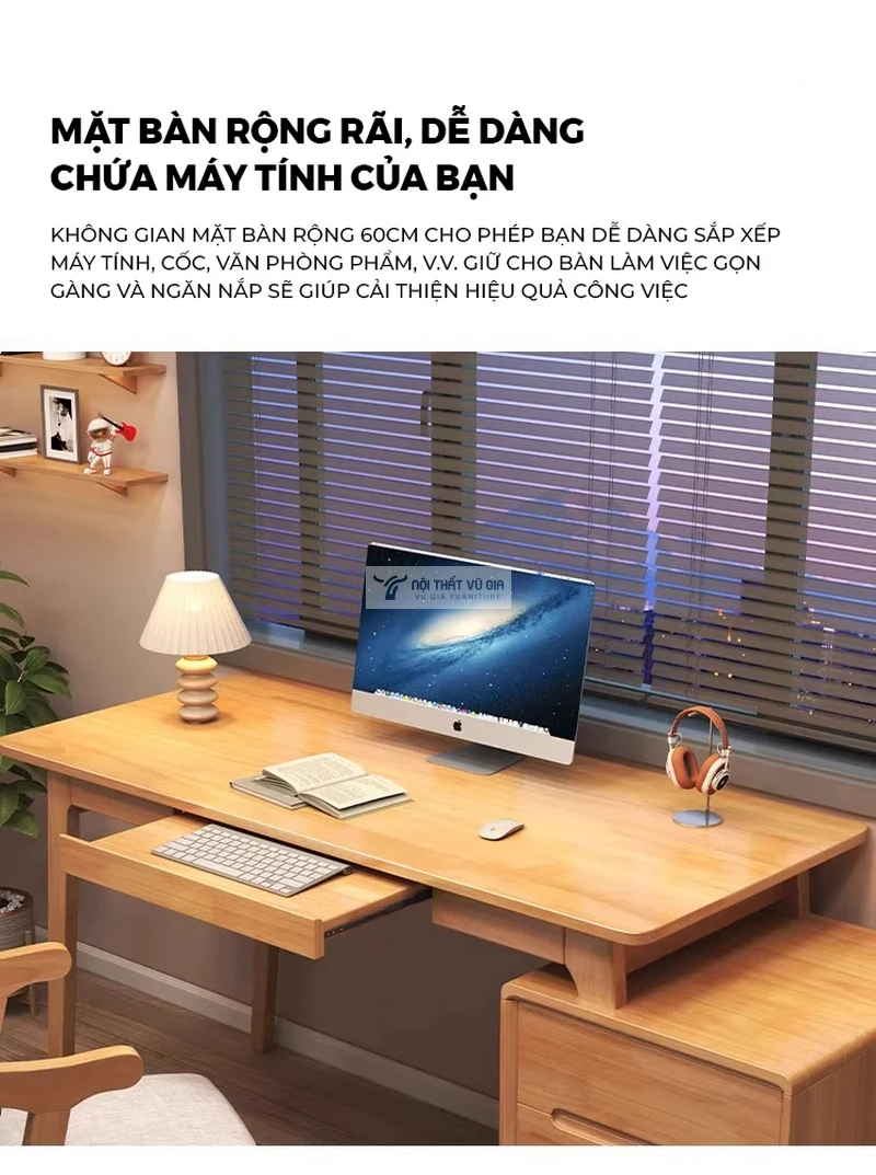thiết kế mặt bàn rộng rãi của Bàn gỗ tự nhiên kết hợp tủ ngăn kéo đa năng BR267