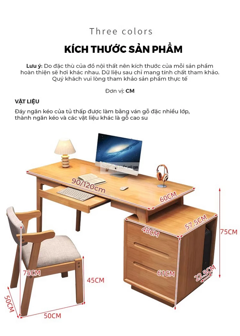 kích thước chi tiết của Bàn gỗ tự nhiên kết hợp tủ ngăn kéo đa năng BR267