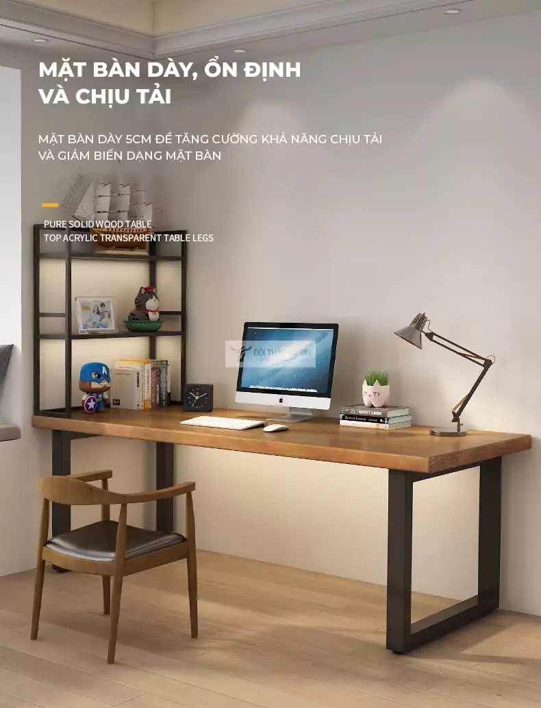thiết kế mặt bàn dày của Bàn gỗ tự nhiên phong cách tối giản kết hợp kệ sách SD22