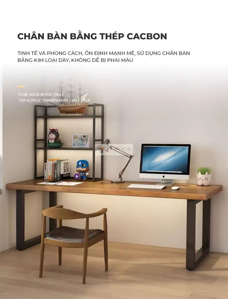 Bàn gỗ tự nhiên phong cách tối giản kết hợp kệ sách SD22 sử dụng khung thép chắc chắn