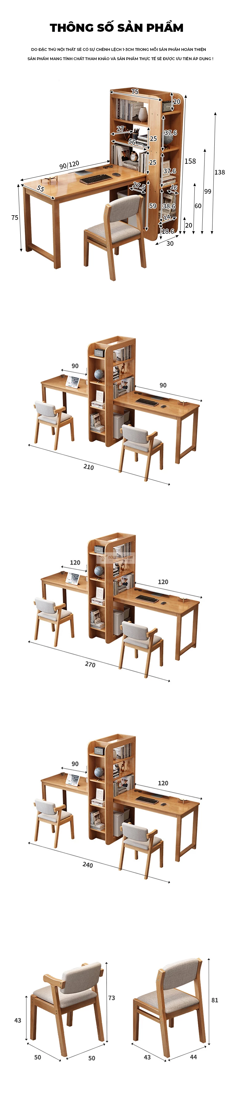 kích thước chi tiết của Bàn gỗ tự nhiên phong cách tối giản SD162