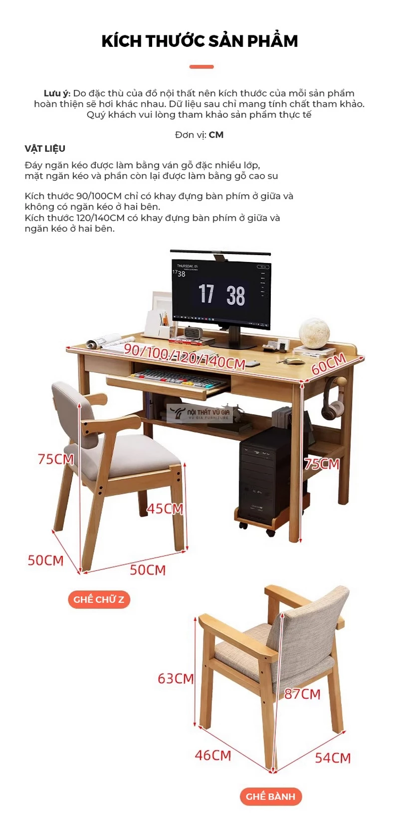 kích thước chi tiết của Bàn gỗ tự nhiên phong cách tối giản SD266