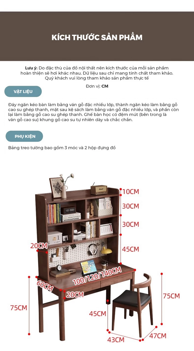 kích thước chi tiết của Bàn gỗ tự nhiên thiết kế hiện đại kết hợp tấm treo đa năng SD264