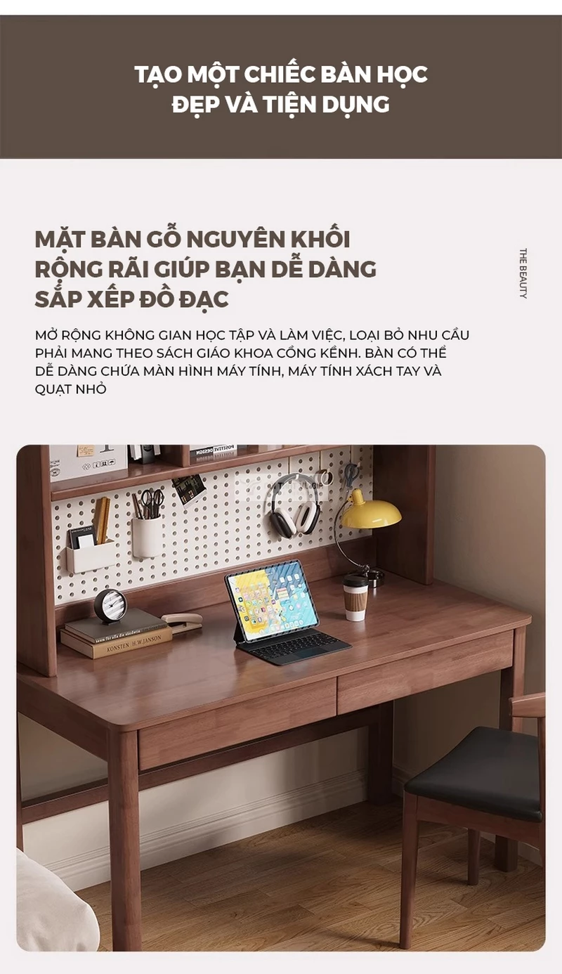 thiết kế mặt bàn rộng rãi của Bàn gỗ tự nhiên thiết kế hiện đại kết hợp tấm treo đa năng SD264
