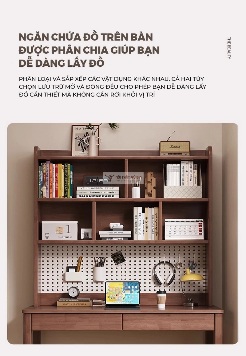 thiết kế không gian lưu trữ hợp lí của Bàn gỗ tự nhiên thiết kế hiện đại kết hợp tấm treo đa năng SD264