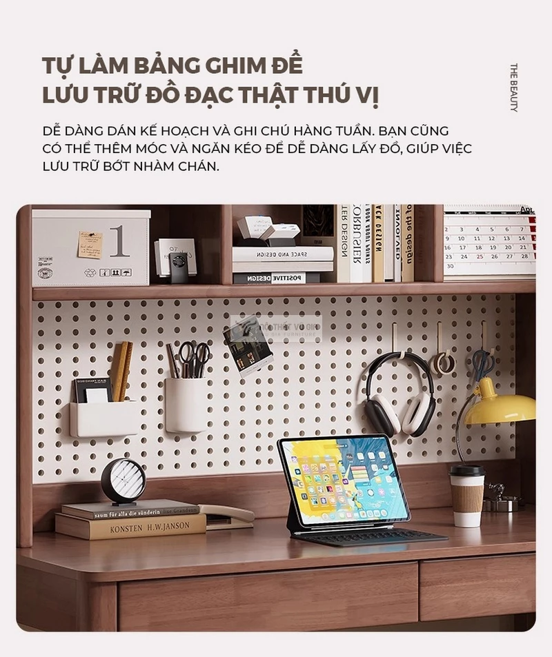 thiết kế tấm bảng treo linh hoạt của Bàn gỗ tự nhiên thiết kế hiện đại kết hợp tấm treo đa năng SD264