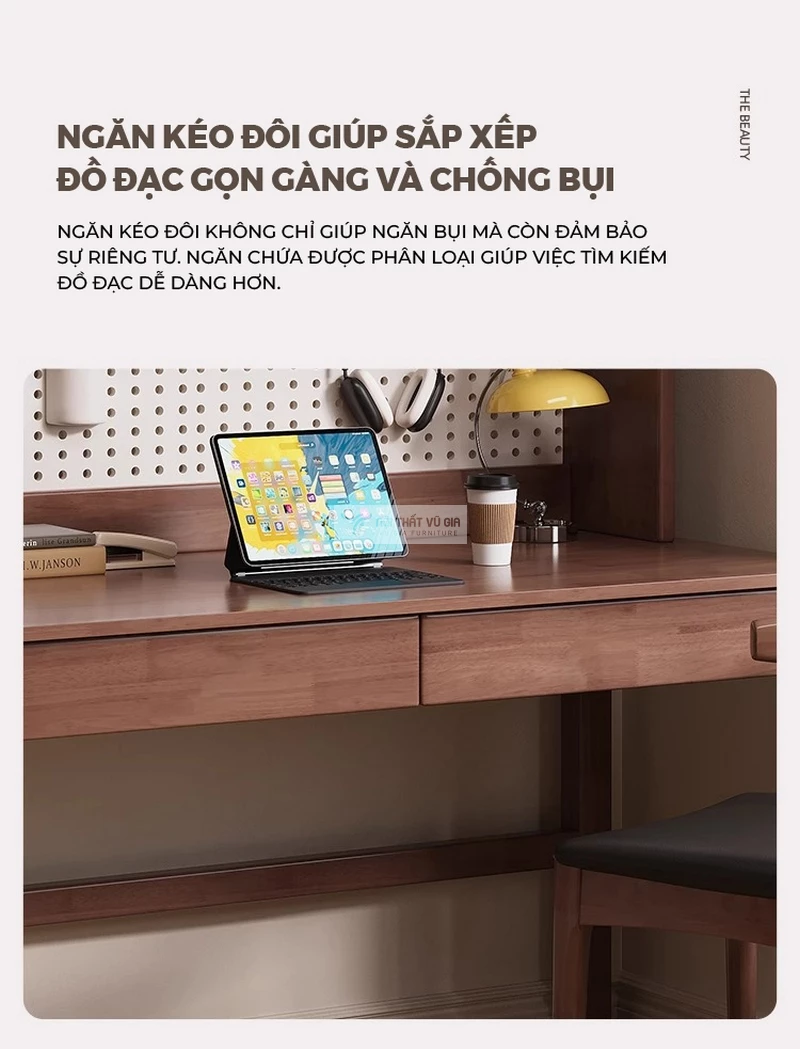 thiết kế ngăn kéo lưu trữ tiện lợi của Bàn gỗ tự nhiên thiết kế hiện đại kết hợp tấm treo đa năng SD264